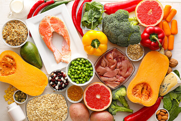 Set of healthy products with pills on table