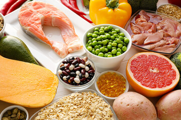 Set of healthy products with pills on table