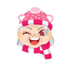 Isolated red scarf old woman christmas emoji cute face vector illustration