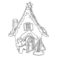 Vector illustration of a Christmas gingerbread. Baking in line, gingerbread house as a blank for a designer, logo, icon, children's coloring