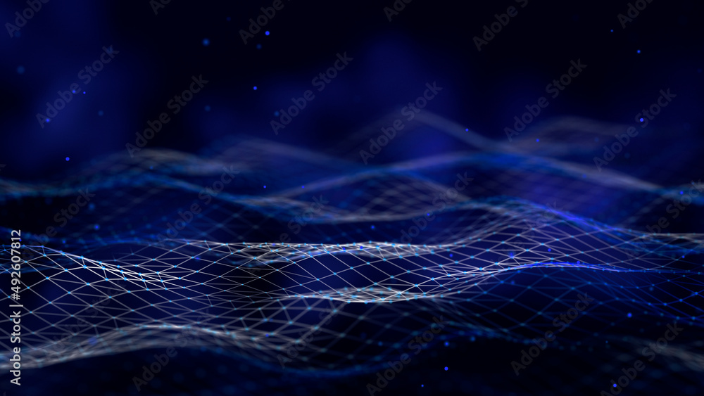 Aufkleber Digital technology background. Big Data. Dynamic wave of glowing particles. Abstract background. 3d rendering.