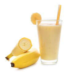Glass of healthy banana smoothie on white background