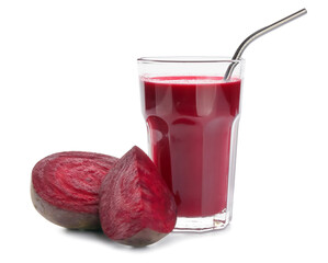 Glass of healthy beet smoothie on white background