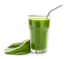 Glass of spinach smoothie on white background