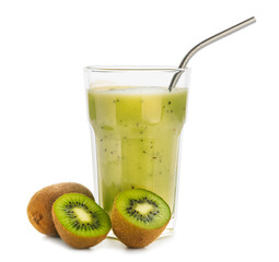 Fototapeta na wymiar Glass of healthy kiwi smoothie on white background