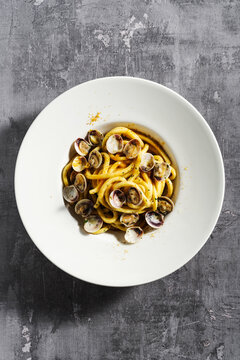 fresh homemade spaghetti pasta with clams and bottarga caviar on a concrete surface