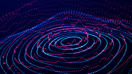 Futuristic dots pattern on dark background. Colored music wave. Big data. Technology or Science Banner. 3D rendering