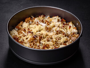 Tasty healthy dish of cauliflower and beef mince baked with lactose-free cheese
