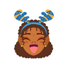 Isolated blue girl long hair reindeer christmas emoji cute face vector illustration
