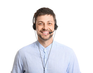 Smiling consultant of call center in headset on white background