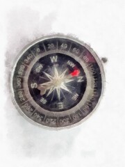 black navigation compass watercolor style illustration impressionist painting.