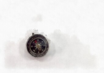 black navigation compass watercolor style illustration impressionist painting.