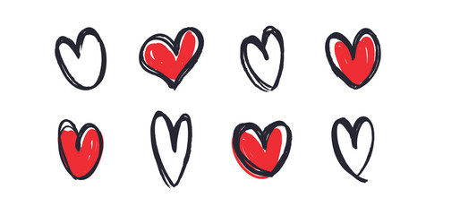 Set of hand drawn hearts. Heart doodles collection. Sketch illustration.