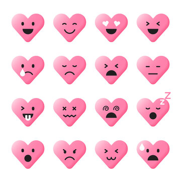 Set of Various Cute Cartoon Pink Heart Face Emoji Emotion Emoticon 3D Flat Isolated Sign Symbol