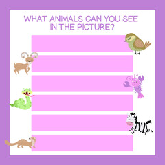 What animals can you see in the picture worksheet. Cute printable template. Preschool Education. Vector illustration.