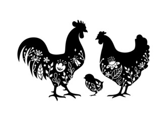Fototapeta na wymiar Chicken, rooster and chick silhouette with floral decorations. Retro farm sign. Spring farmhouse symbol. Coop vector emblem.