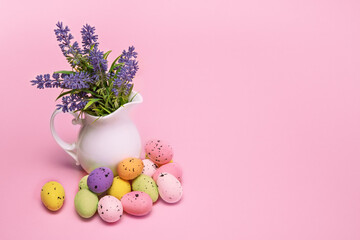 Easter colorful eggs lie next to a bouquet of flowers in a vase, Easter card with space for text