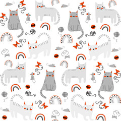 Seamless childish modern pattern with cats and mice. Creative kids hand drawn texture for fabric, wrapping, textile, wallpaper, apparel. Vector illustration