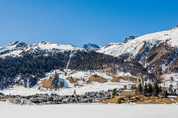 Celerina, Dorf, Bel Taimpel, Kirche, Oberengadin, Alpen, San Gian, Graubünden, St. Moritz, Winter,...