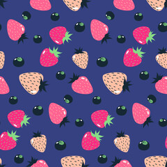 Flat strawberries and blueberries vector pattern on the purple background. Pink, darkpurple cartoon berries. Summer fresh sweet wrapping paper.