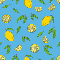 Pattern on a blue background with lemon and lemon slices.