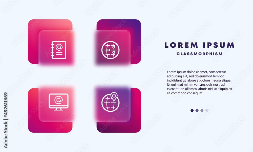 Poster mail icons set. icons for email, origin and worldwide mail. communication concept. glassmorphism sty