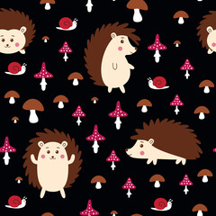 Repeating pattern with cute hedgehogs, snails and mushrooms on a black background.