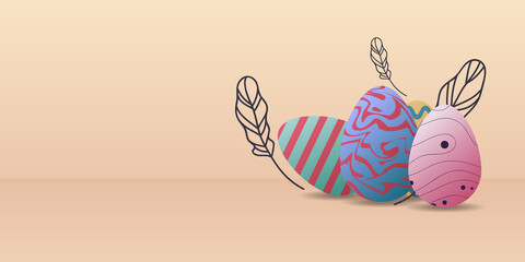 simple background easter with 3d eggs effect and plant line drawing in pastel color