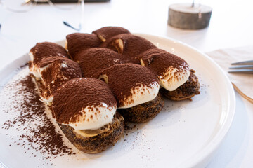 Plate of tiramisu cake isolated on white