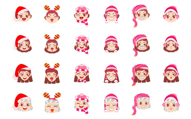 Obraz premium Set red girl christmas emoji cute face vector illustration