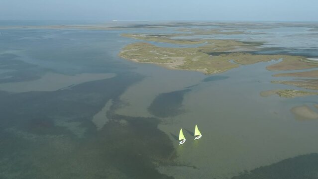 AERIAL DRONE SAILIBOATS IN DELTA DEL EBRO