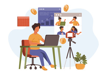 Video business conference vector in flat design. People discuss tasks with colleagues online. Illustration for blogging, website, mobile app, promotional materials.