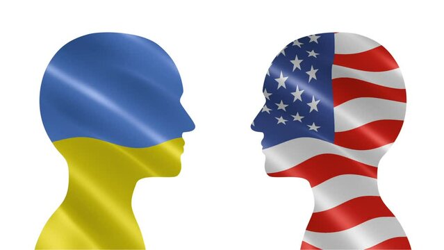 Silhouettes of talking Ukranian and USA people on white. Dialogue between two nations concept - flags waving. Communication concept, two face talking people