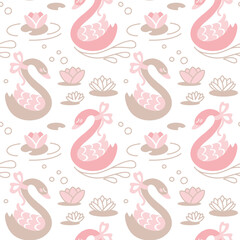 Beautiful swans in the pond. Water lilies. Cute print for little girl. Seamless pattern. Vector.