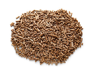 Pile of wood pellets on white background