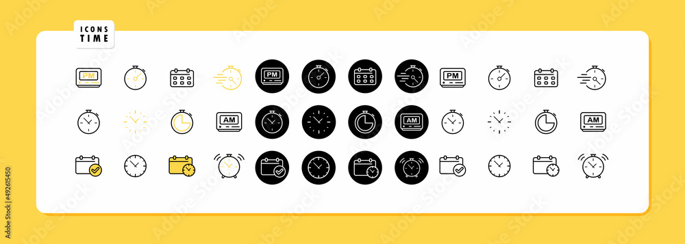 Poster time icons set. icons desktop alarm clock, stopwatch, time acceleration and date waiting. waiting co