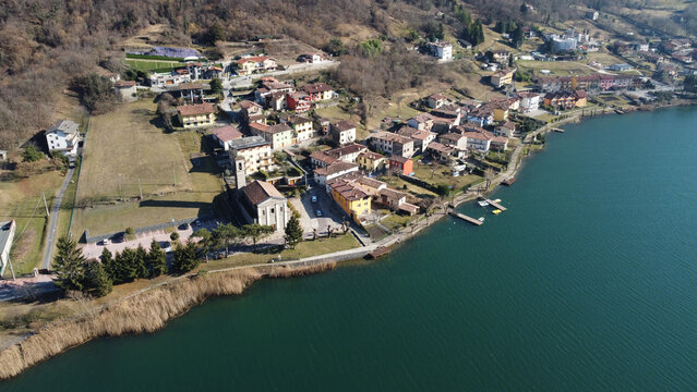 Aerial view of the village of San Felice al lago on Endine lake