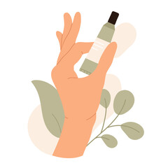 Obraz premium Woman's hand holding natural organic cosmetic with leaves. Eco beauty product in bottles in eco friendly packaging. Skin care routine. Vector illustration in cartoon style. Isolated white background.