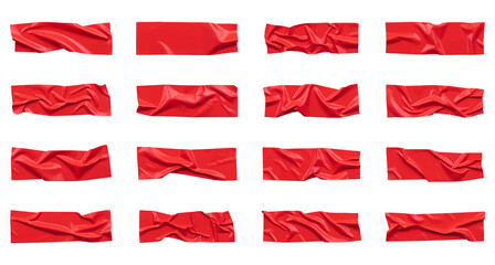 Fototapeta premium Red wrinkled adhesive tape isolated on white background. Red Sticky scotch tape of different sizes. Vector illustration.