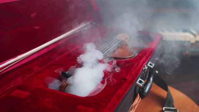A Young Girl And Man Plays The Violin In A Beautiful Retro Room With Flowers And A Piano.
