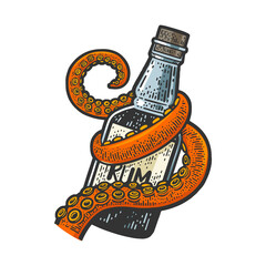 octopus tentacle with a bottle of rum color sketch engraving raster illustration. T-shirt apparel print design. Scratch board imitation. Black and white hand drawn image. © Oleksandr Pokusai