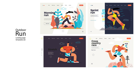 Runners website templates set. Flat vector concept illustrations of athletes running in a park, forest, stadium track or street landscape. Healthy activity and lifestyle. Sprint, jogging, warming up.