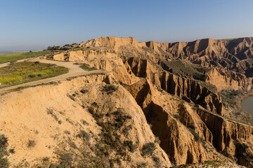 clay ravines, covered in fog, called the barrancas del burujon in Toledo