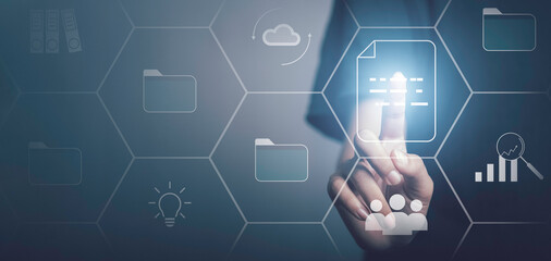 Document Management System (DMS) concept. Businessman hand touch file icon Virtual screen and users for corporate files and information in enterprise.