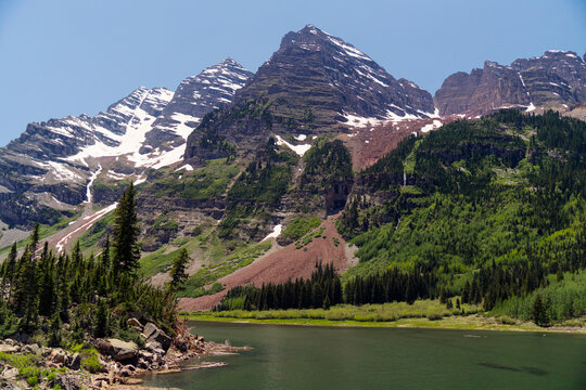 View of Maroon Bells mountains in winter, Colorado, United States.