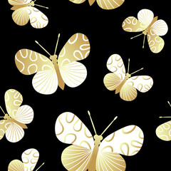 Seamless pattern of gold and black butterflies. Template for the design of trendy fabrics, home textiles, clothing, paper, wallpaper, unusual packaging, curtains. Vector illustration.