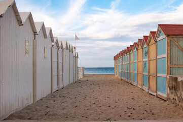 Traditional wooden beach huts at the beach of Mondello, Sicily,Italy
