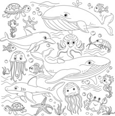 Outlined doodle anti-stress coloring page cute sea animals and fish. Coloring book page for adults and children