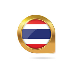 Flag of Thailand, location map pin, pointer flag, button with the reflection of light and shadow, gold frame, Icon country. Realistic vector illustration on white background