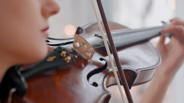 A Young Girl And Man Plays The Violin In A Beautiful Retro Room With Flowers And A Piano.